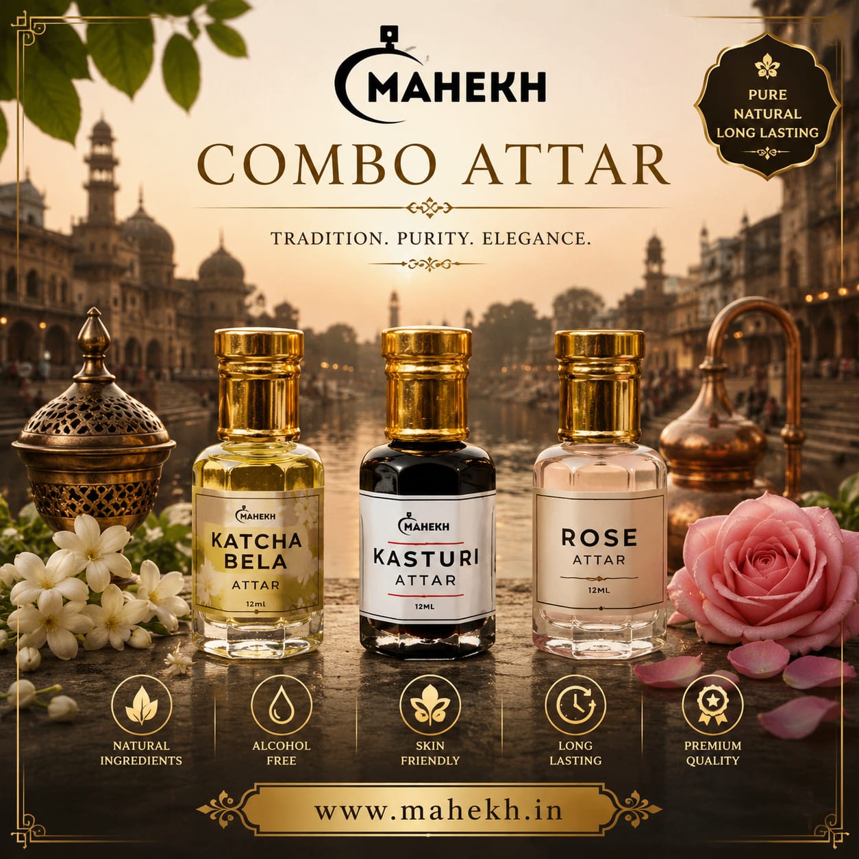 👑✨ Katcha Bela + Kasturi + Rose Premium Attar Combo Set (Pack of 3) ✨👑