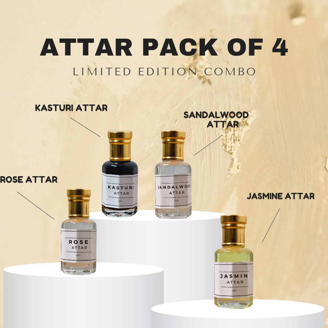 ✨ Combo Pack of 4 – Kasturi + Sandalwood + Rose + Jasmine | 24-Hours Long Lasting | Alcohol-Free 🔥