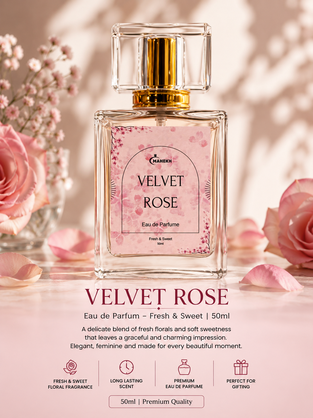 Mahekh Velvet Rose Eau de Parfum – Fresh & Sweet Floral Fragrance | 50ml
