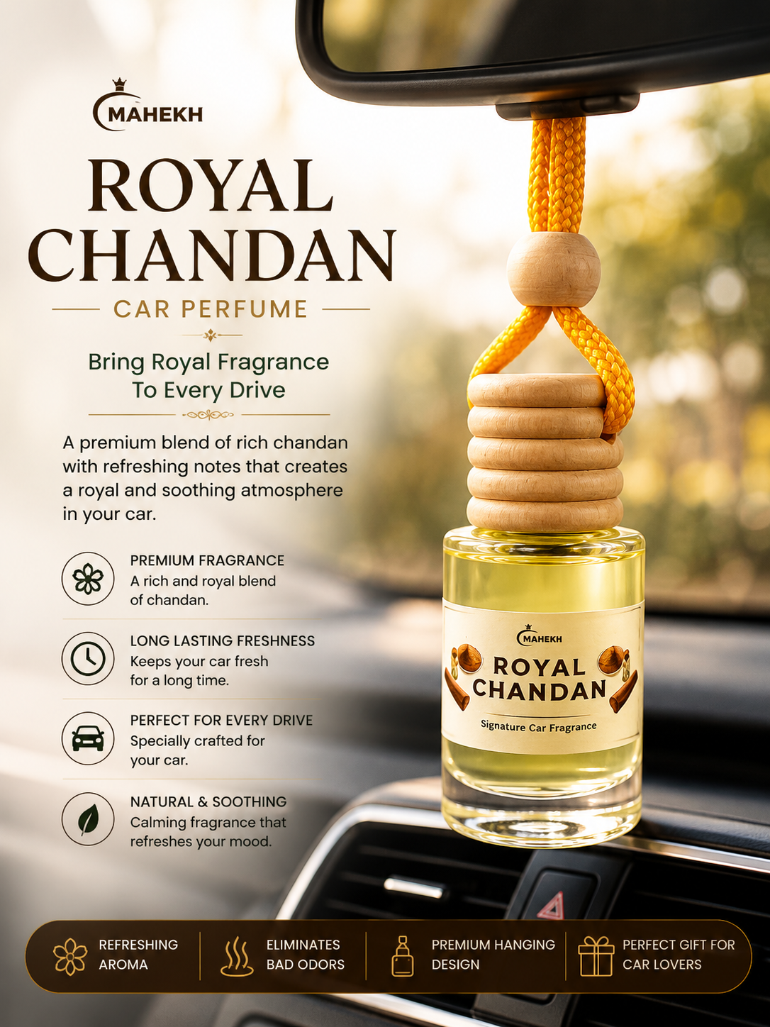 Mahekh Royal Chandan Car Perfume – Premium Hanging Car Freshener | Long-Lasting Sandalwood Fragrance