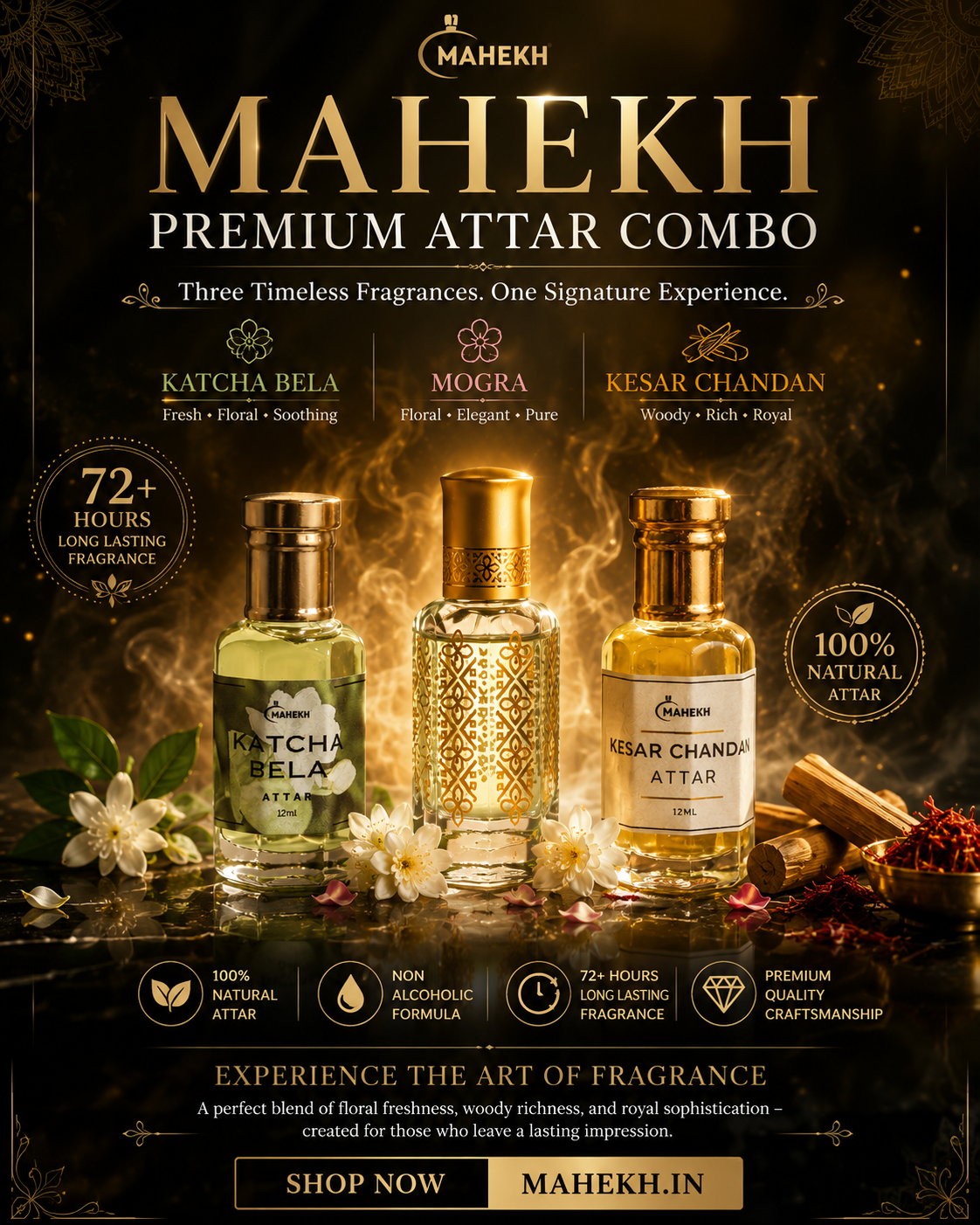 ✨ MAHEKH Premium Attar Combo (Set of 3) ✨ KATCHA BEL,  KESAR CHANDAN, MOGRA