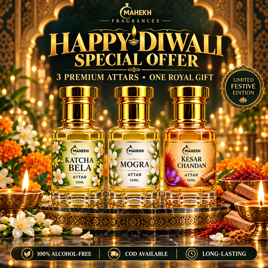 Mahekh Diwali gift: Katcha Bela, Mogra and Kesar Chandan attar trio
