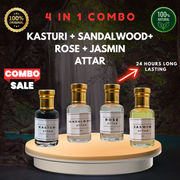 ✨ Combo Pack of 4 – Kasturi + Sandalwood + Rose + Jasmine | 24-Hours Long Lasting | Alcohol-Free 🔥