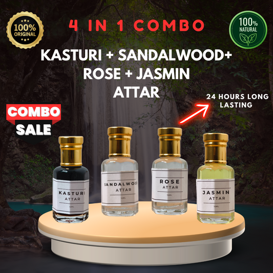 ✨ Combo Pack of 4 – Kasturi + Sandalwood + Rose + Jasmine | 24-Hours Long Lasting | Alcohol-Free 🔥